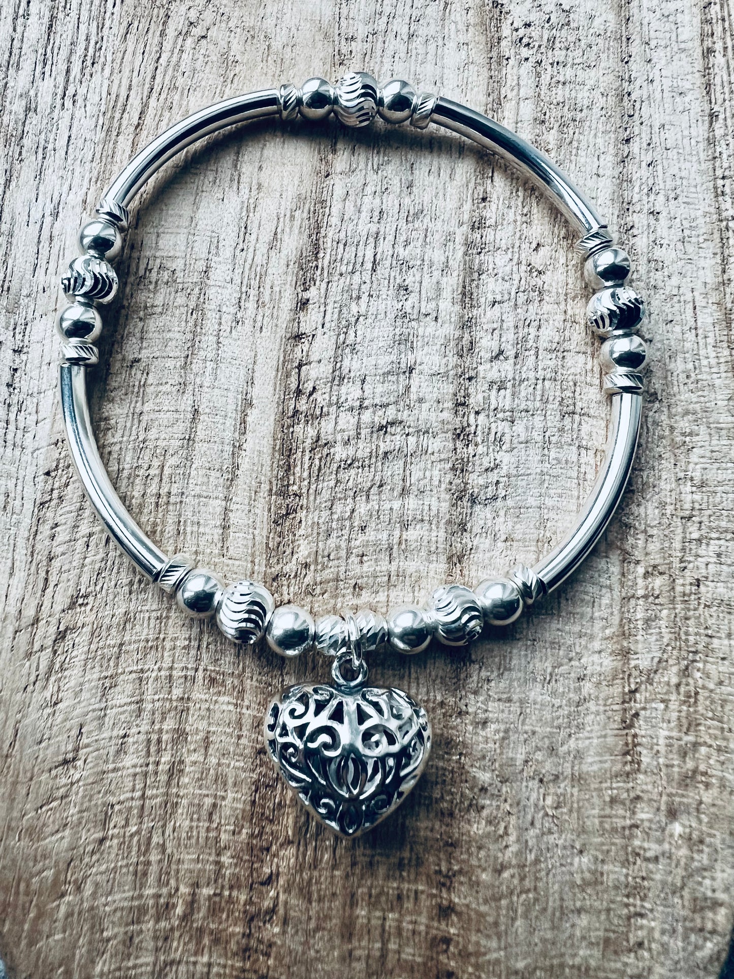 Beautiful Bali Filigree Heart Sterling Silver Noodle Bracelet