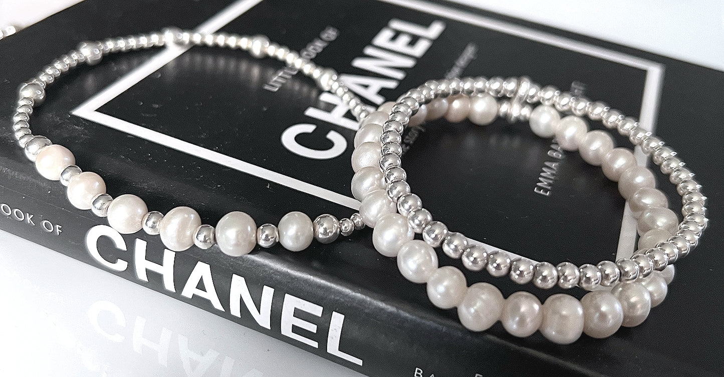 Freshwater pearl and sterling silver double strand bracelet