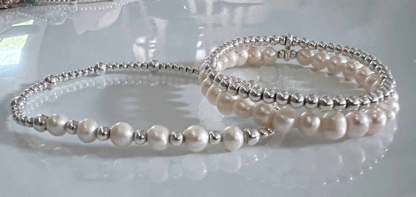 Freshwater pearl and sterling silver double strand bracelet