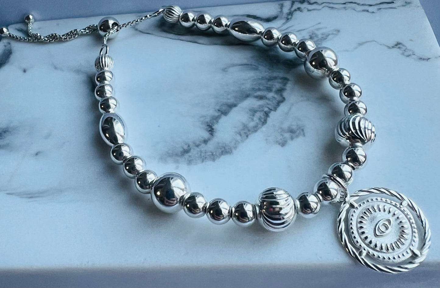 Sterling Silver Evil Eye Slider Bracelet