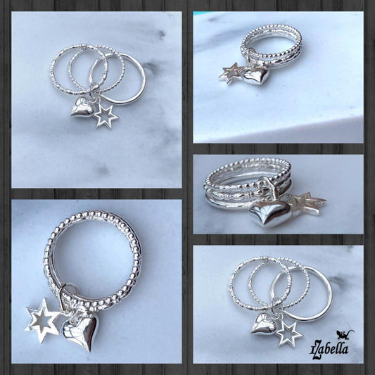 Sterling Silver Triple Band Double Charm Ring