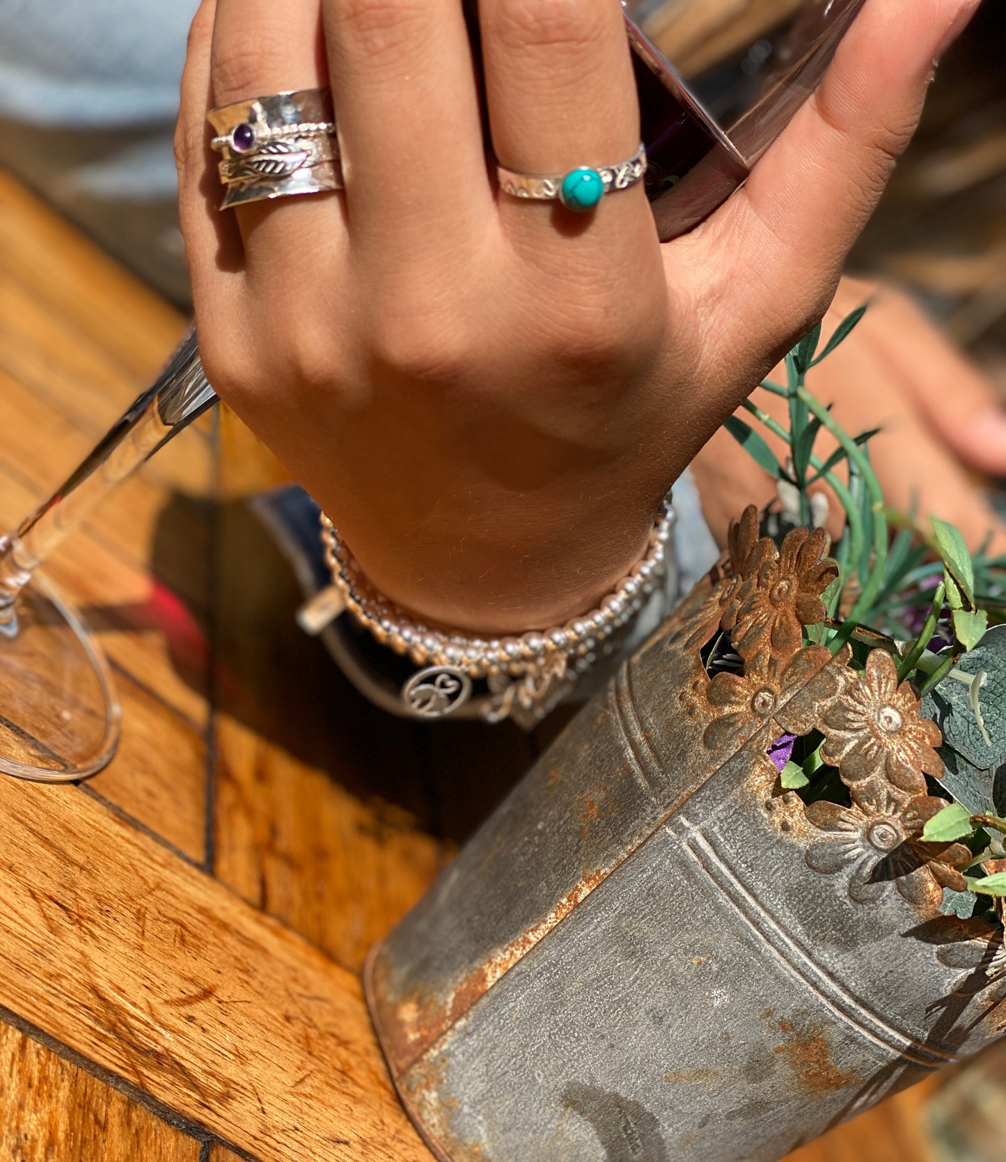 Turquoise stamped birthstone ring