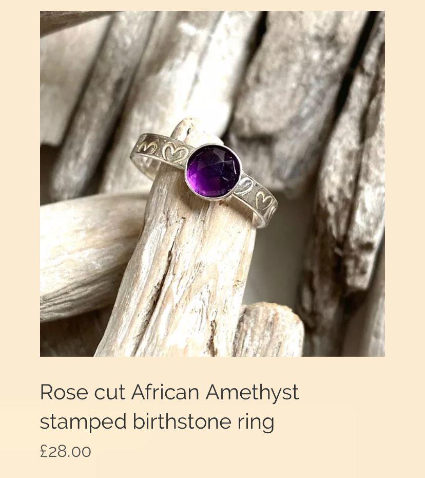 Rose cut African Amethyst stamped birthstone ring