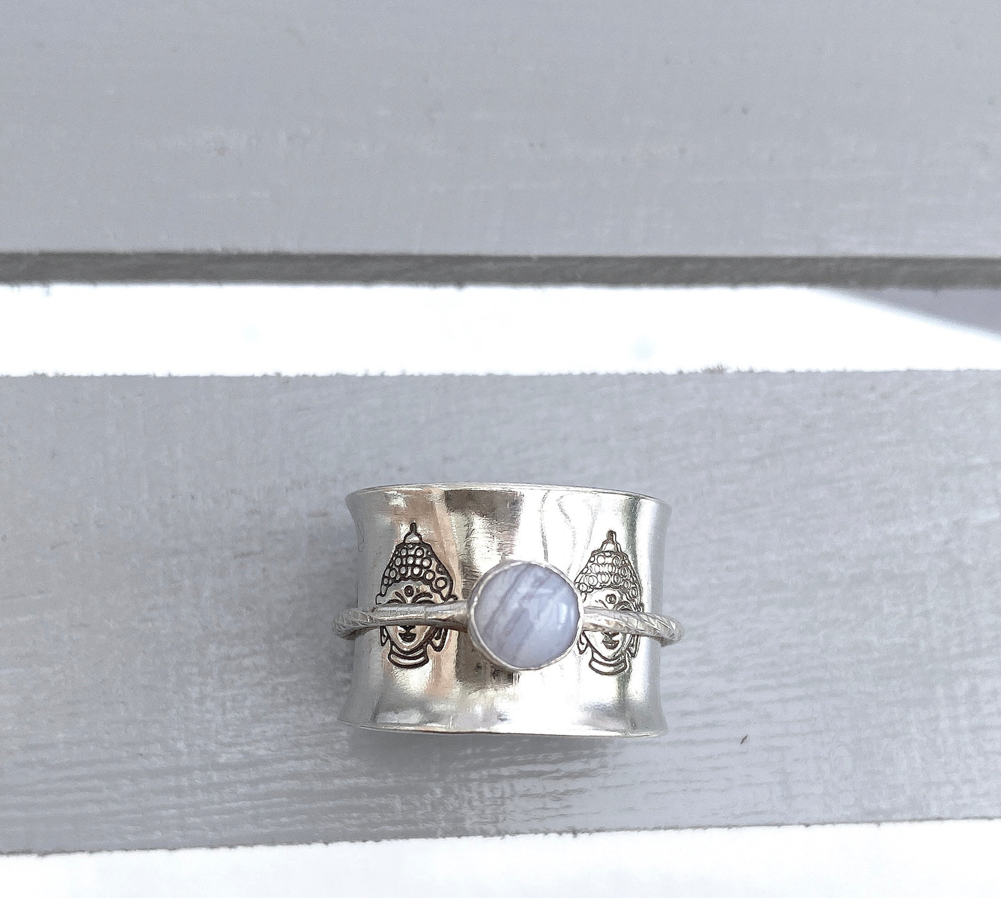 STERLING SILVER BUDDHA & BLUE LACE AGATE SPINNER RING