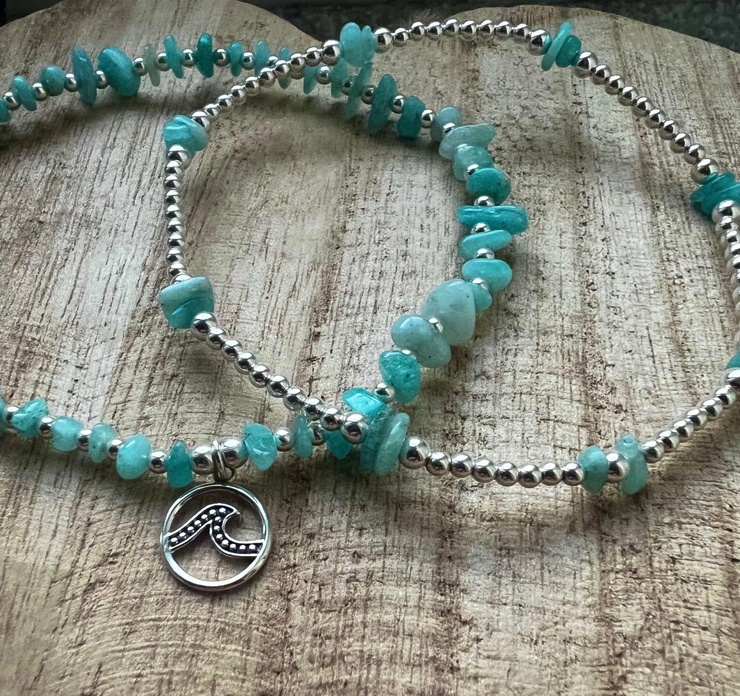 Aquamarine  and Sterling Silver Anklet with Wave Charm