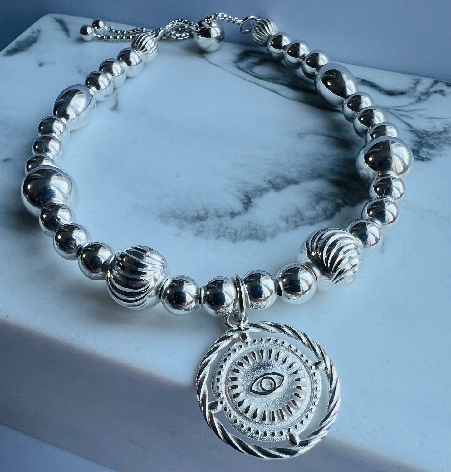 Sterling Silver Evil Eye Slider Bracelet