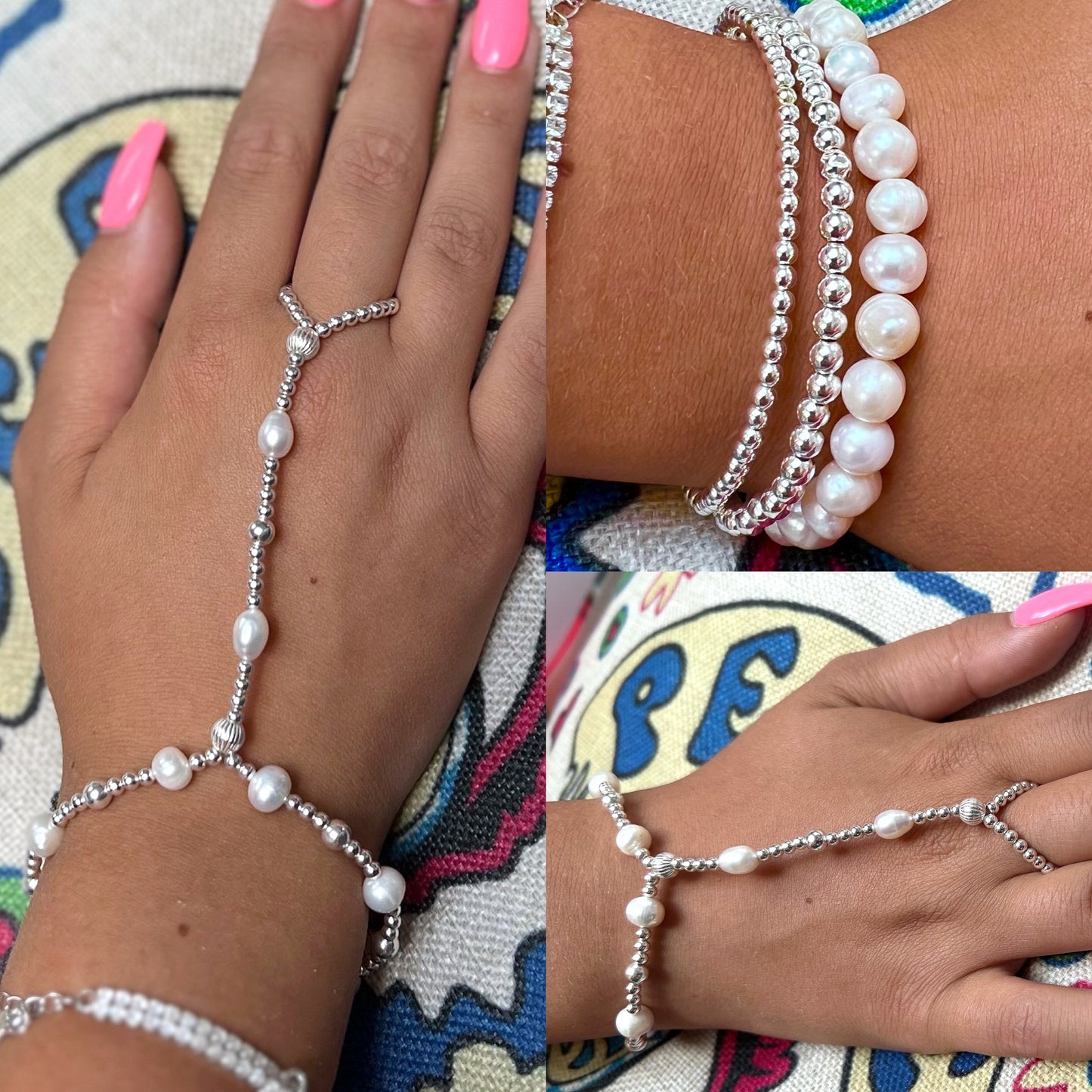 Silver and Freshwater Pearl Hand Bracelet