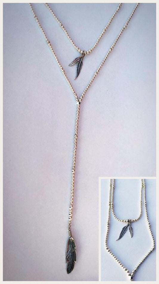 Sterling Silver Double Choker Rosary Feather Necklace