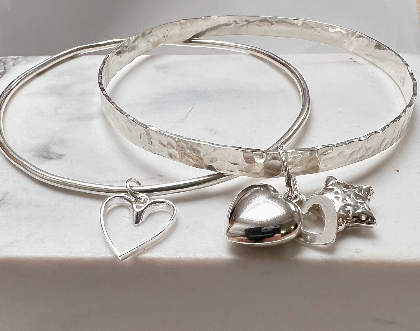 Sterling Silver textured bangle with 3 Charms