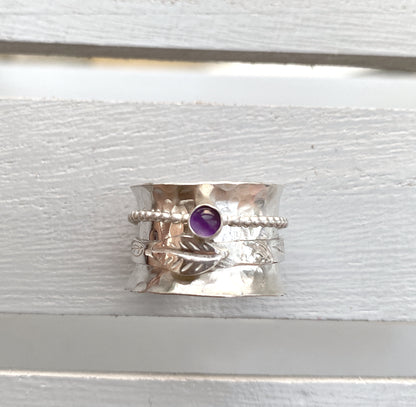 Handcrafted Sterling Silver Amethyst Leaves Spinner Ring