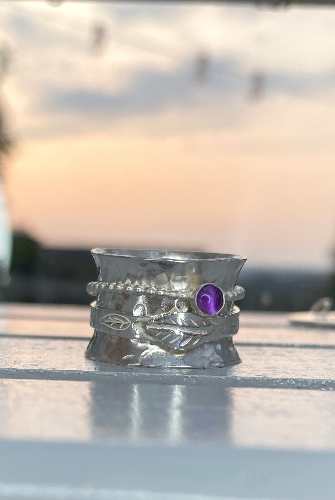 Handcrafted Sterling Silver Amethyst Leaves Spinner Ring